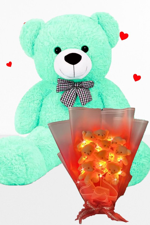 Delux 90 cm Plush Bear and 9-Piece Romantic Plush Teddy Bouquet with Led Lights Gift Set for Your Lover - Girl