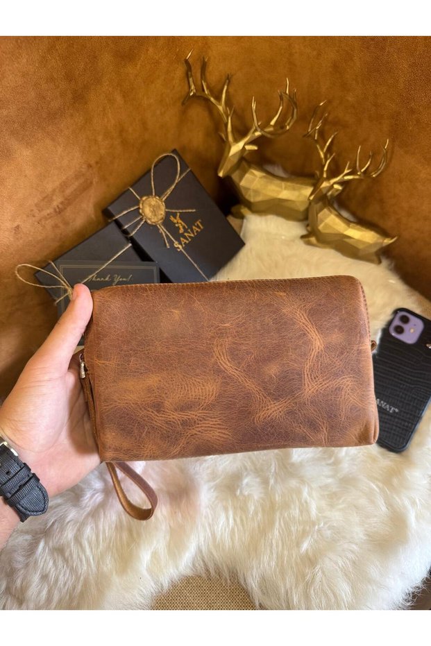 Genuine Leather Hand-Held Men's Clutch Bag with Card Holder - Travel Bag - Shaving Bag