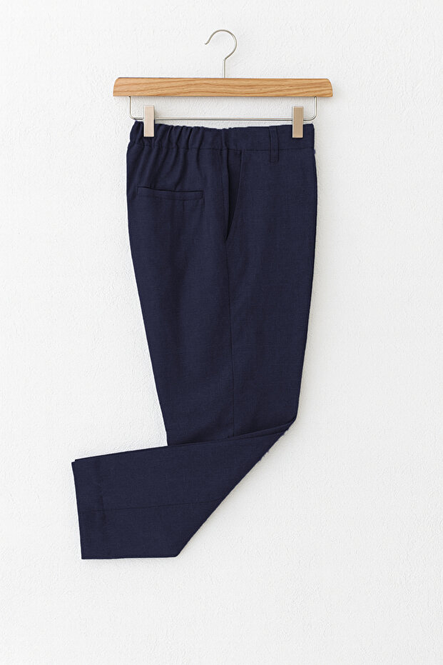 Boy's Navy Blue Color Waist Half Elastic Sherz Fabric Trousers