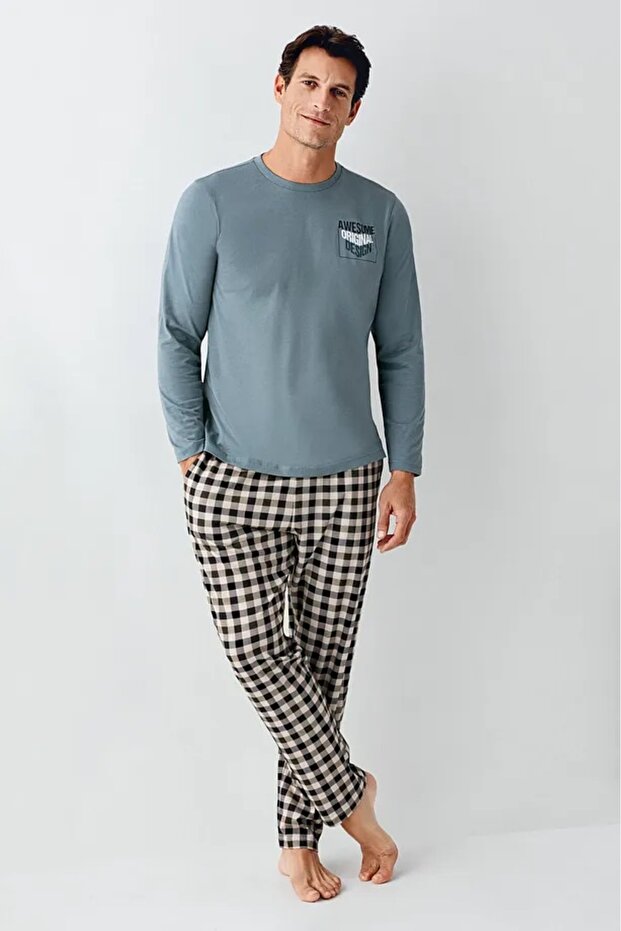 100% Cotton Cycling Collar Long Sleeve Men's Pijamas Suit