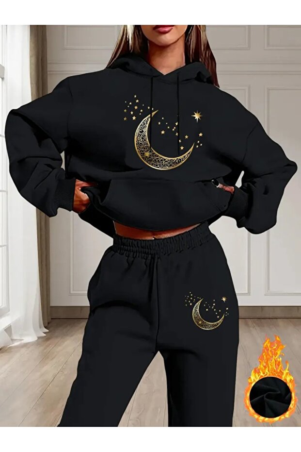 Design Moon Star Printed Bottom Top Oversize Women's Hooded Gray Black Tracksuit Set