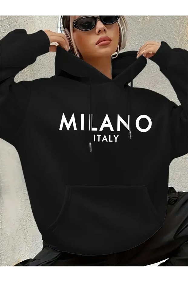 Women's Mi̇lano Italy Printed Hooded Black Gray Hoodie Sweatshirt Oversize