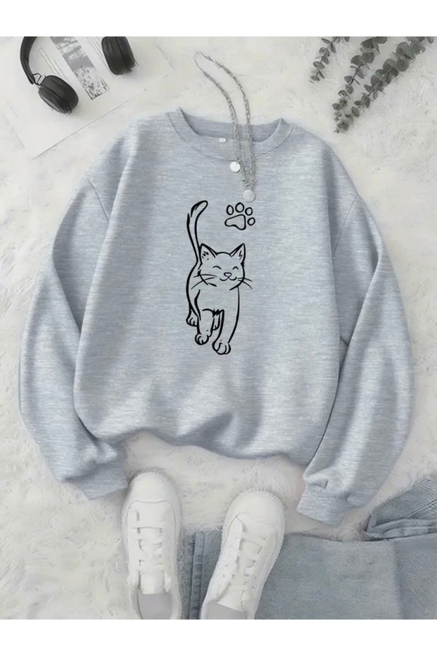 Patili Cat Printed Oversize Unisex Women/Men's Circle Neck Sweatshirt
