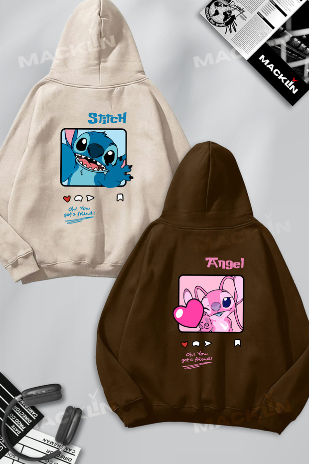 مجموعة من قطعتين من سويت شيرت بقلنسوة بتصميم مطبوع عليه Stitch and Angel BACK