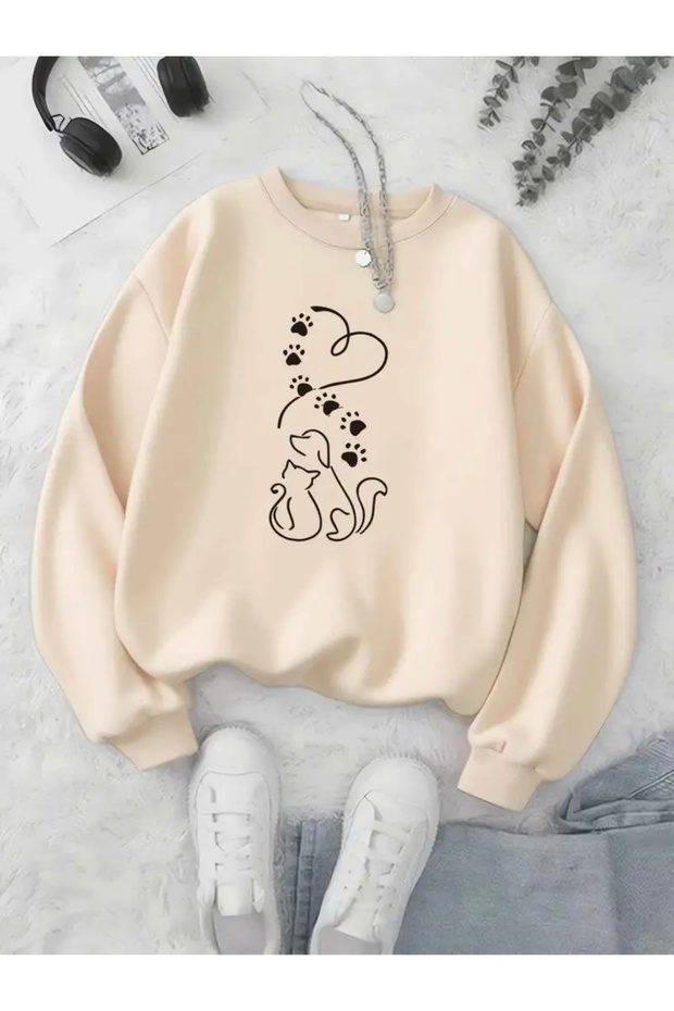Cat&Dog Printed Oversize Unisex Women/Men's Crewneck Sweatshirt