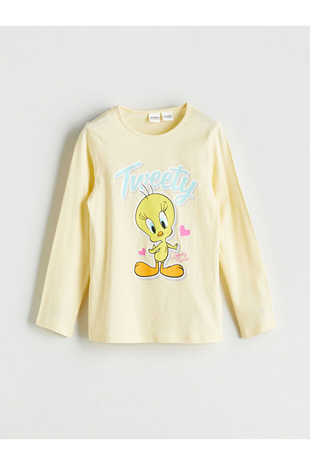 Sari Bisiklet Yaka Tweety Baskılı Kız Çocuk Pijama Takımı - 2