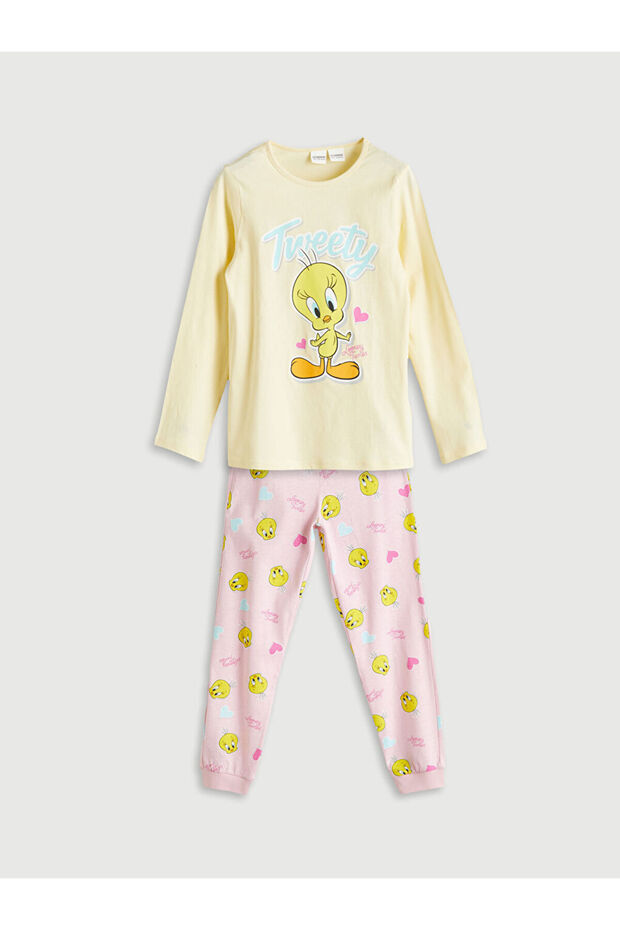Sari Bisiklet Yaka Tweety Baskılı Kız Çocuk Pijama Takımı - 1
