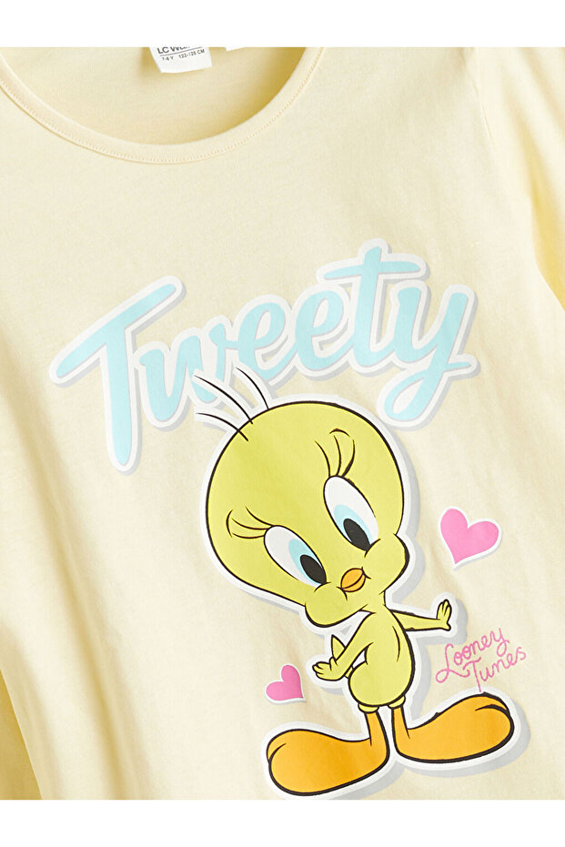 Sari Bisiklet Yaka Tweety Baskılı Kız Çocuk Pijama Takımı - 3
