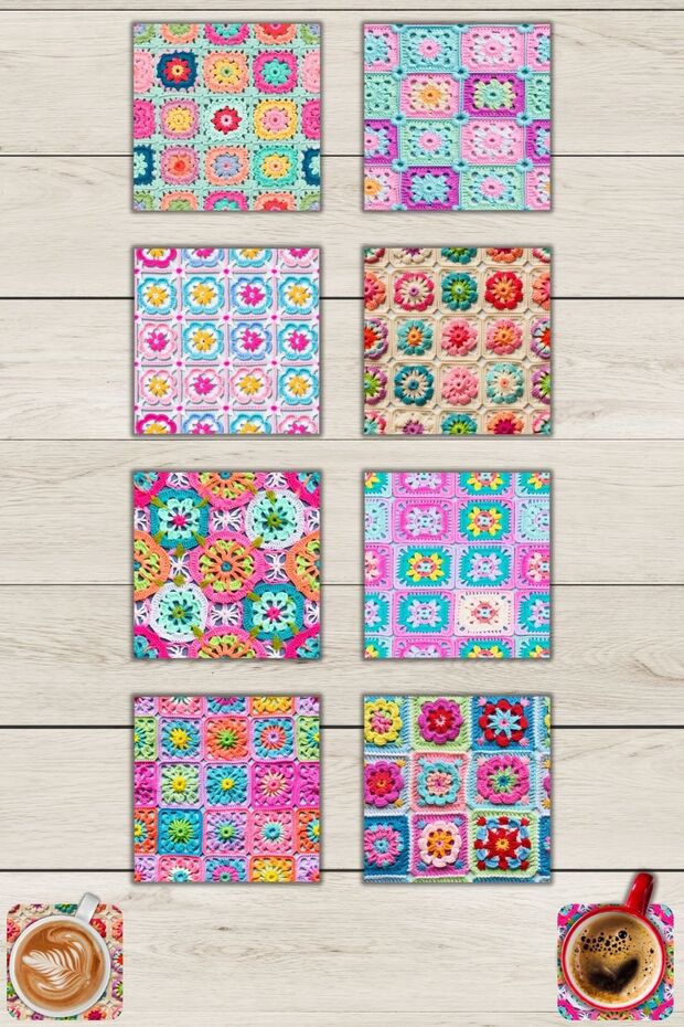 Colorful Knitted Motif 8-Piece Square Coasters, Decorative Tea Coffee Presentation Gift
