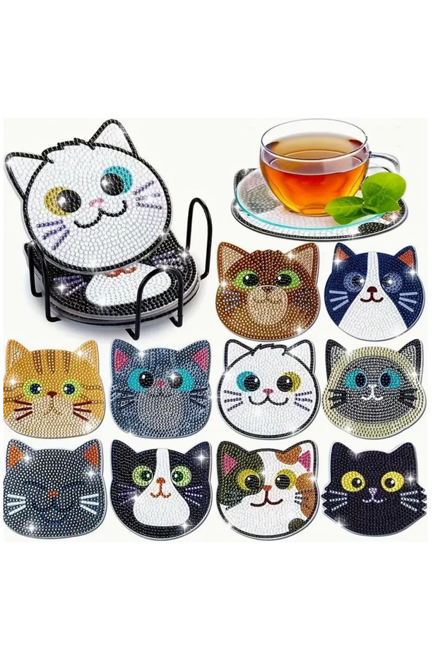 Cat Theme Coaster 10 Pcs 5D Diamond Mosaic Puzzle Painting Set 10*10cm