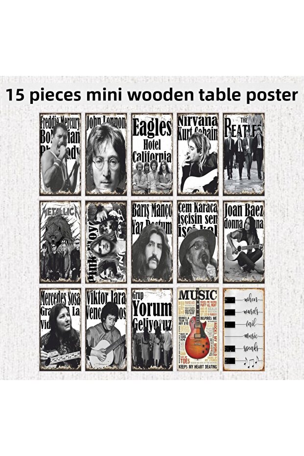 Dünayaca Famous Legend Music Bands and Singers 15 Pcs Mdf Wood Poster Table Set