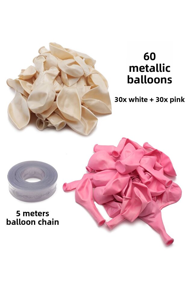 60 Pieces of White and Pink Mixed Metallic Balloons + 5 Meters Balloon Chain