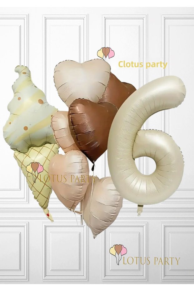 Retro Ice Cream Themed Balloon Set - Retro Ice Cream - Brown Heart Foil Balloon - Cream Number Age