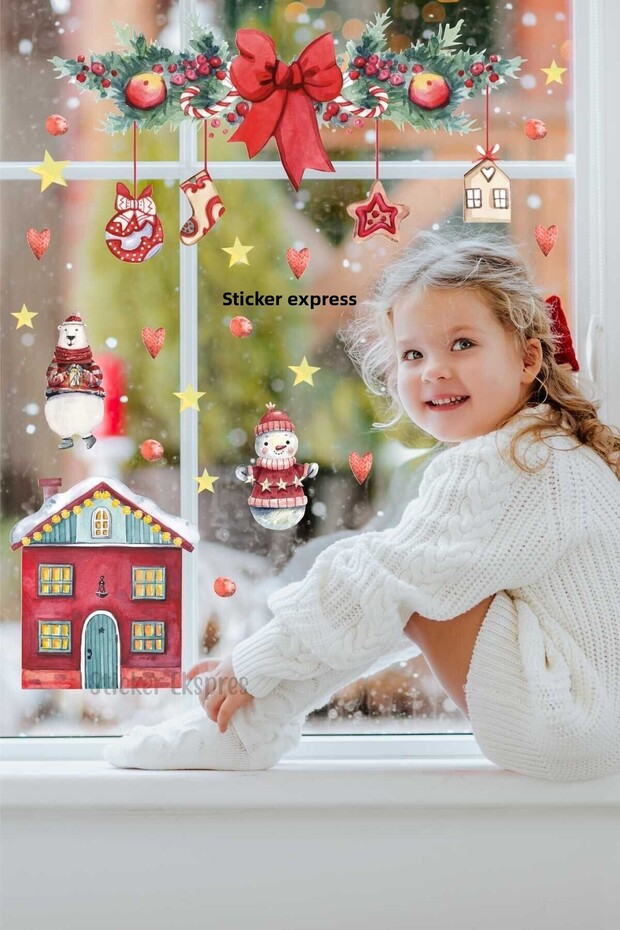 Christmas Bow House And Snowman New Year Glass Door Wall Sticker Set
