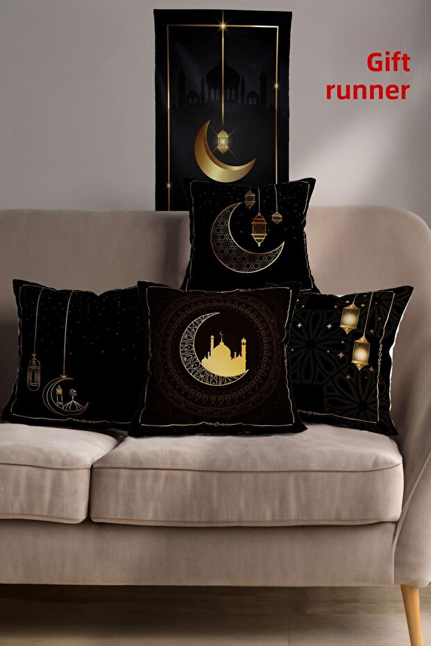 Ramadan Themed Black Gold Table Runner and Set of 4 Cushion Covers
