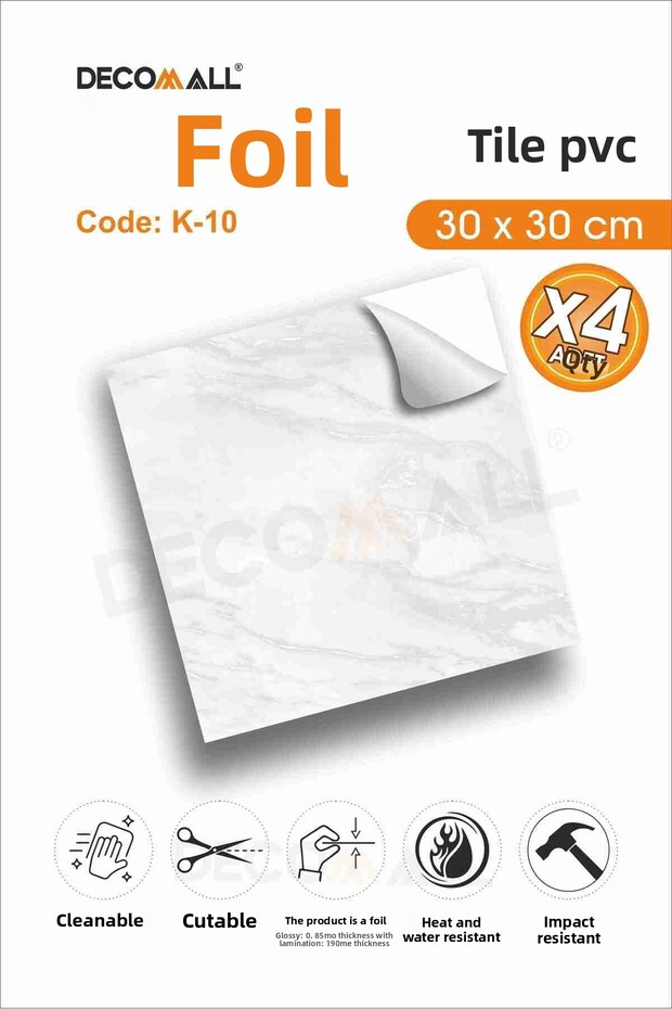 CodeK-10 بلاط رقائق ذاتي اللصق مقاوم للماء لأرضية المطبخ والحمام مقاس 30 × 30 سم (4 قطع)