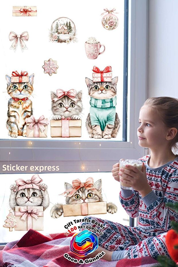 Double Sided Printed Cute Cats Christmas Glass Sticker Set New Year Ornament