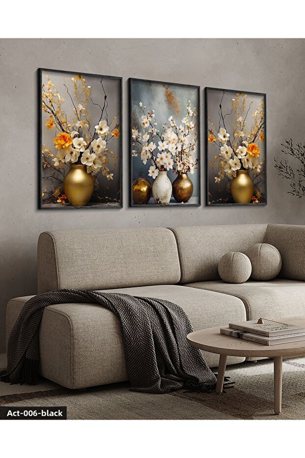 Flowers in a Vase 3 Pieces Black Wooden Framed Painting Act