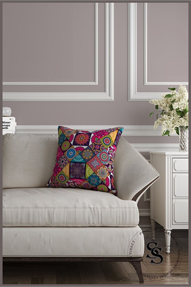 Patchwork Mandala Patterned Digital Printed Throw Pillow Cover - 5