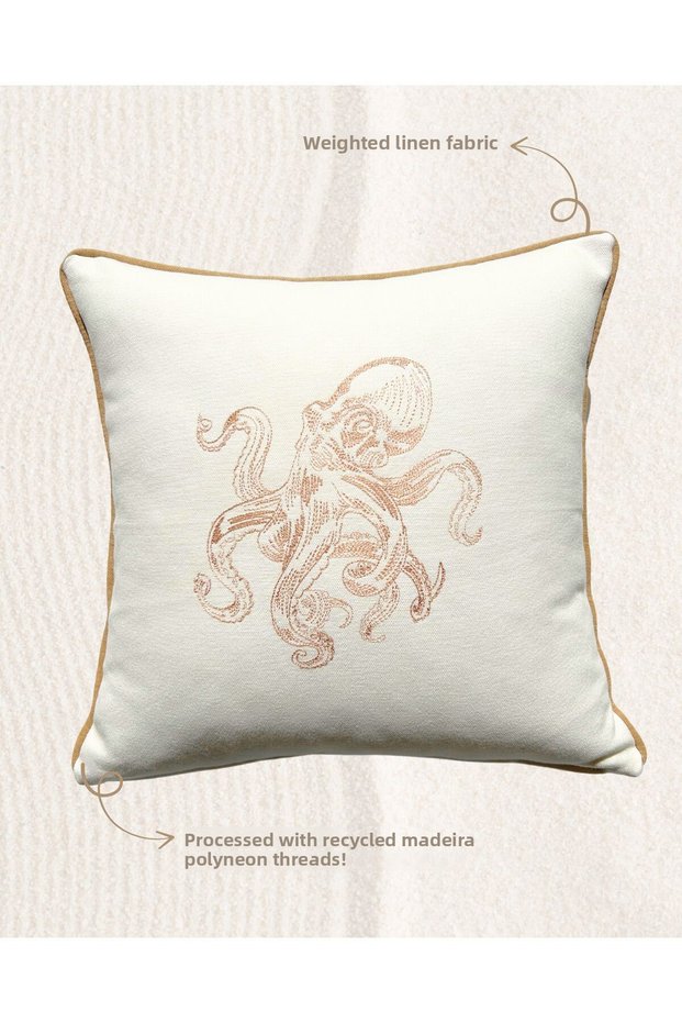 Marine Pattern Embroidered Throw Pillow Cover, Linen Throw Pillow Cover