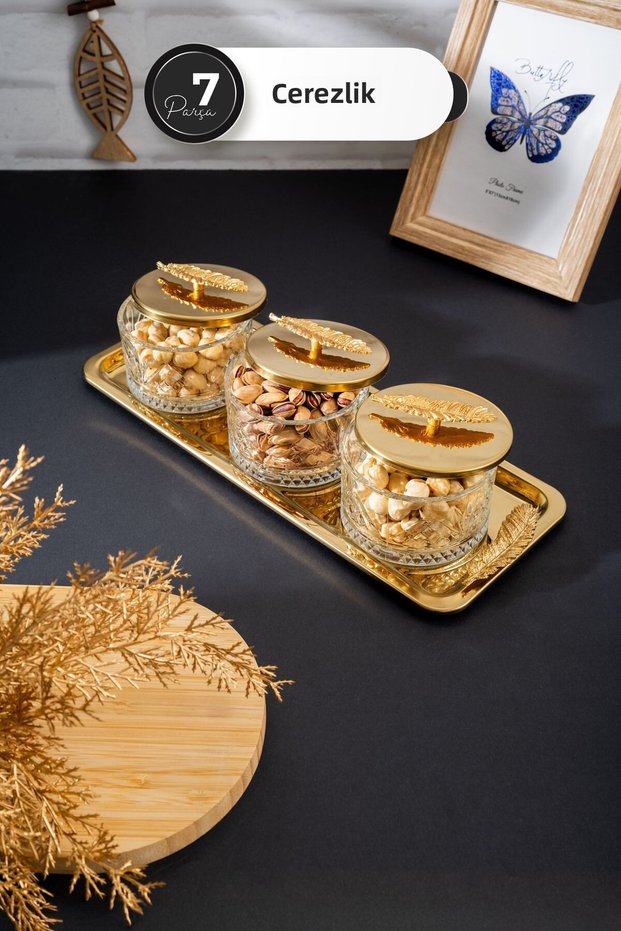 7 Piece Gold Chrome Tray Glass Bowl Snack Bowl Turkish Delight Presentation Set – Stylish Treat and Decorative Design