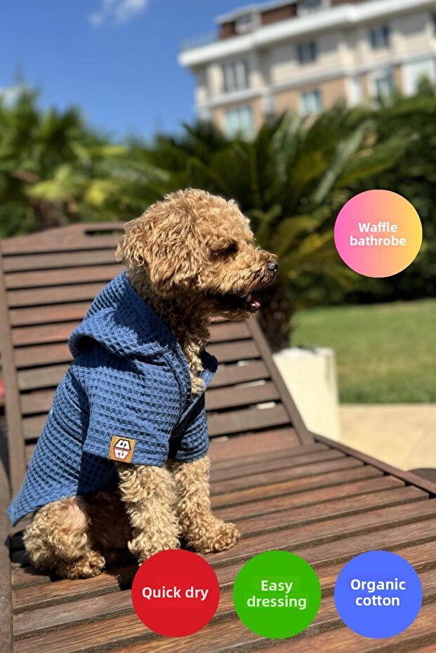 Waffle Dog Bathrobe Fast Water Absorbent Organic Cotton Fabric, Dog Clothing - Blue