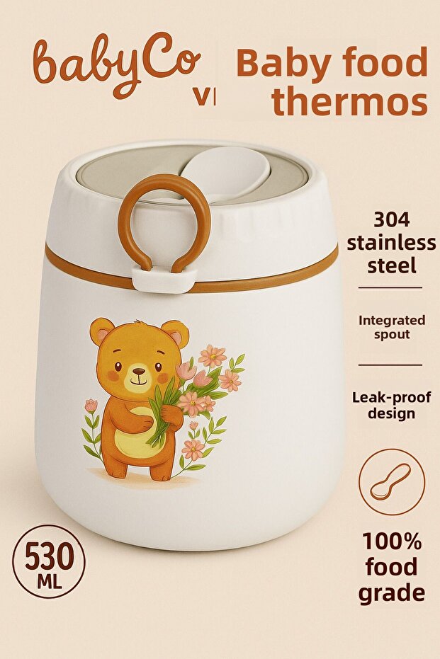 Baby Food Thermos with Cute Teddy Bear Design – Leakproof, with Spoon, 530 ml (6 Months+)