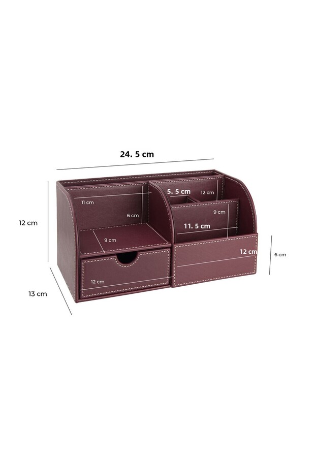 Desktop Organizer, Pen Holder, Remote Control, Cube Notepad Holder, Tablet Holder, Bookshelf, 6 Compartments, Drawer, Claret Red - 4