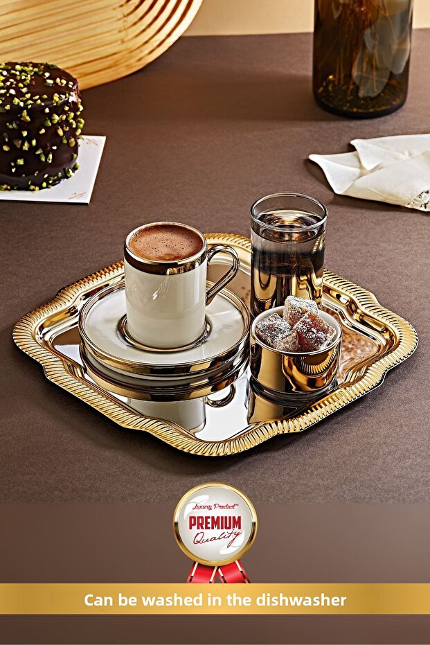 Gold Porcelain Cup Set with Tray Groom Coffee-Word Engagement Turkish Coffee Coffee Cup