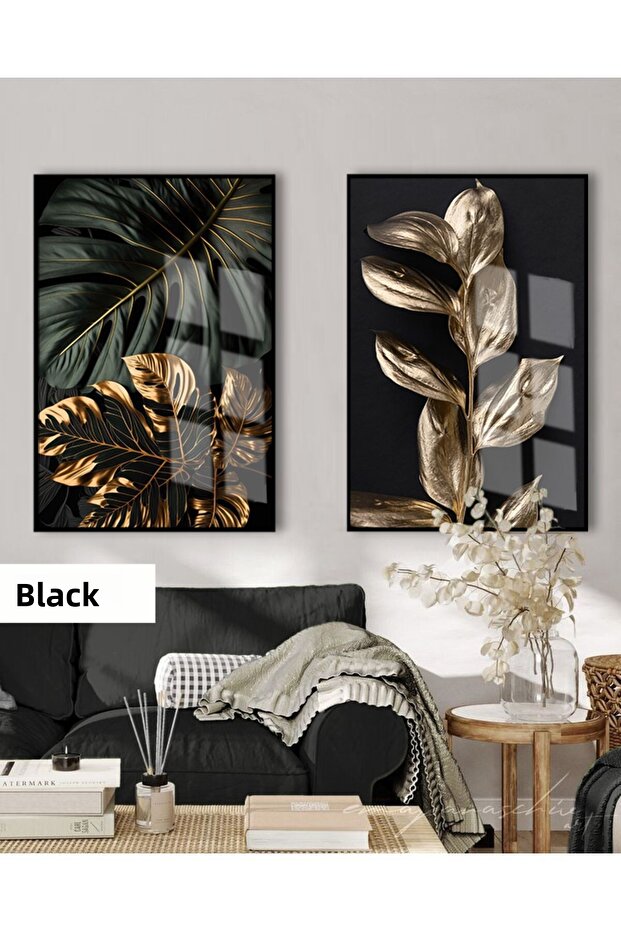 Amazing | (Leaf) Black&Gold Set Leaf Combination | Framed Glass Table 2 Pieces Vertical