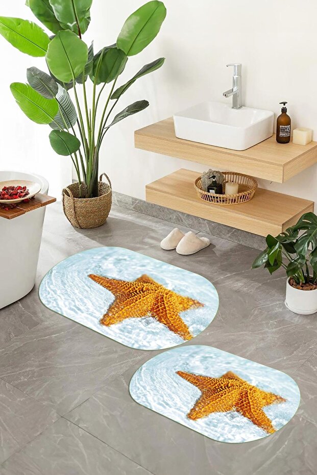 3D Printed Non-Slip Base Washable Oval Bath Mat Set of 2 Toilet Seat Covers