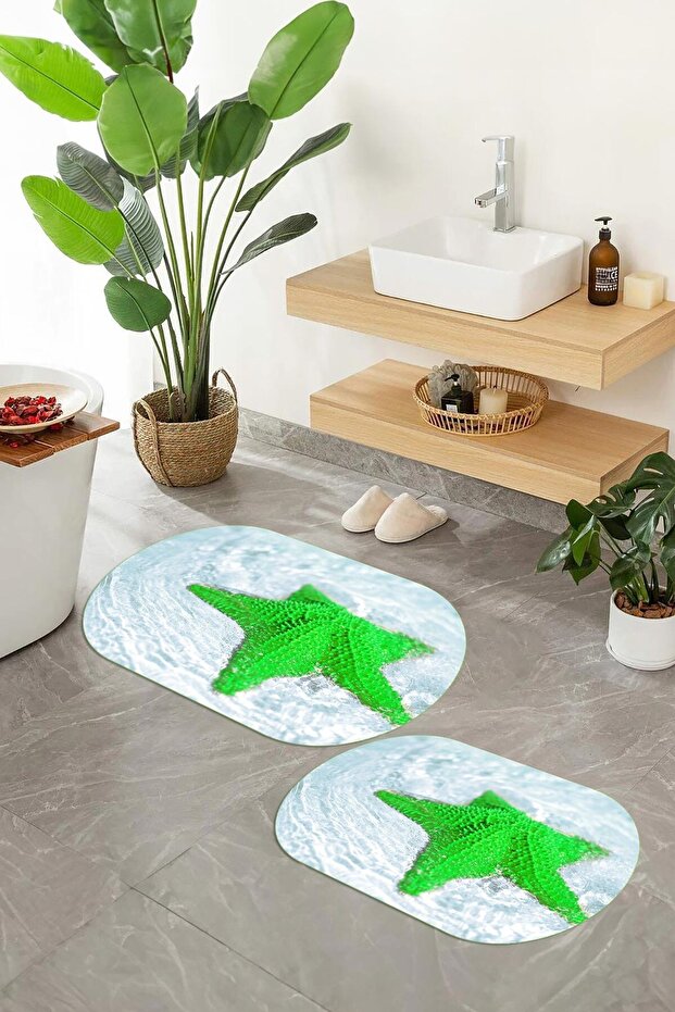 3D Printed Non-Slip Base Washable Oval Bath Mat Set of 2 Toilet Seat Covers