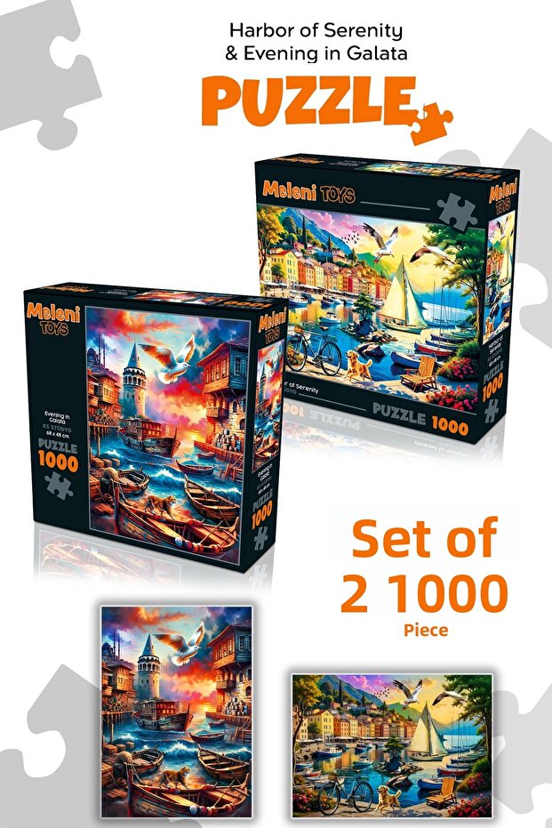 2 Pieces 1000 Piece Puzzle - Galata Tower View and Tranquility in the Harbor Puzzle 68X48 cm