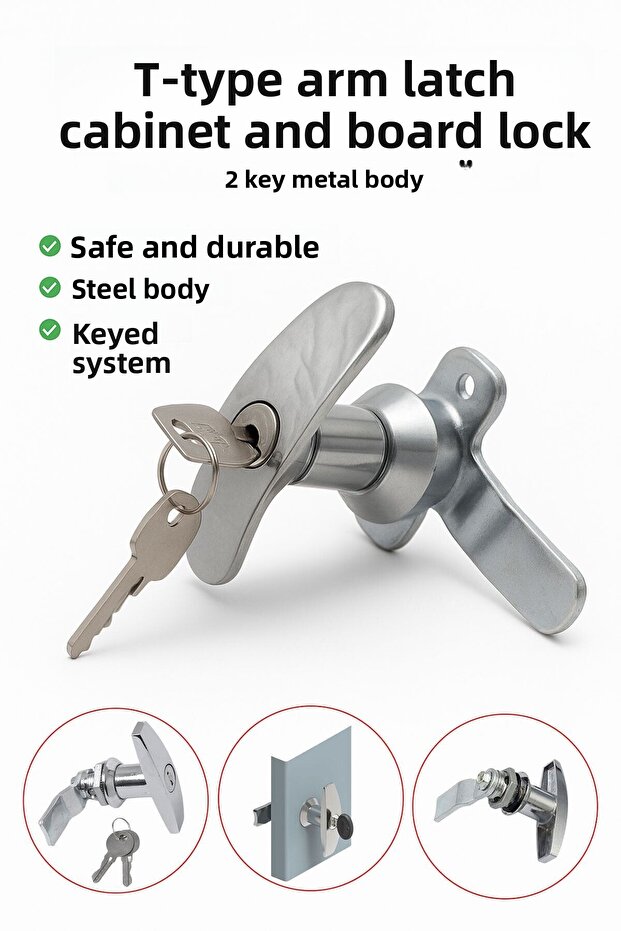 Latched Lever t Type Cabinet Drawer Lock with 2 Keys Metal Furniture Electrical Panel Lock 1Pcs