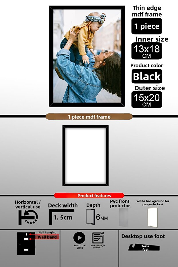 1 قطعة إطار 13x18 - إطار شرائح رفيع - إطار أسود - إطار 6 مم - إطار صورة