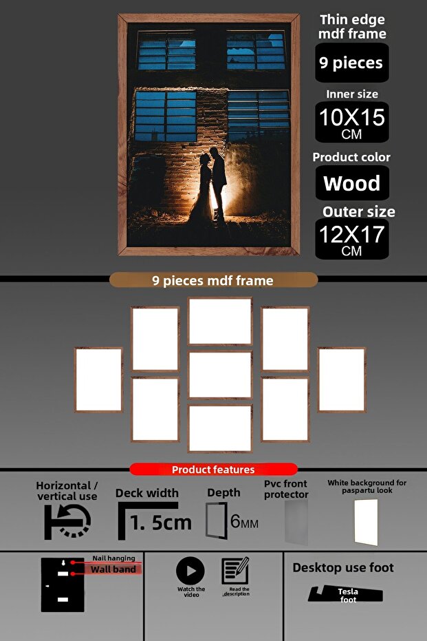 9 قطع إطار 10x15 - إطار شرائح رفيع - إطار خشبي - إطار 6 ملم - إطار صور