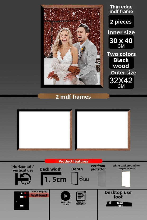 2 قطعة إطار 30x40 - إطار A3 ذو شرائح رفيعة - لونان خشب أسود - إطار صور 6 مم