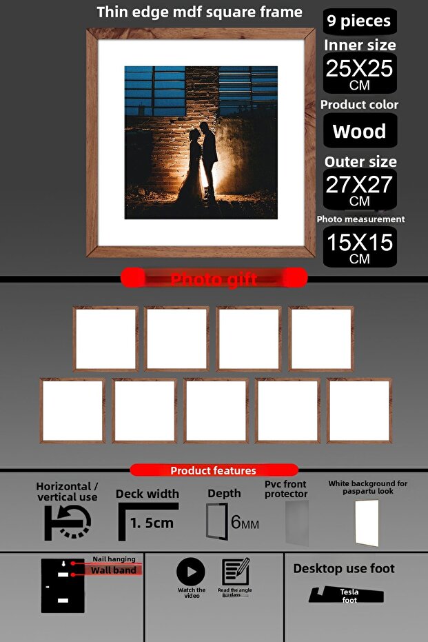 9 قطع بإطار 25x25 - إطار شرائح رفيع - إطار خشبي - إطار مربع - إطار صور