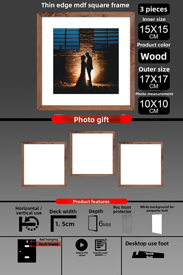 3 قطع إطار 15x15 - إطار شرائح رفيع - إطار خشبي - إطار مربع - إطار صور