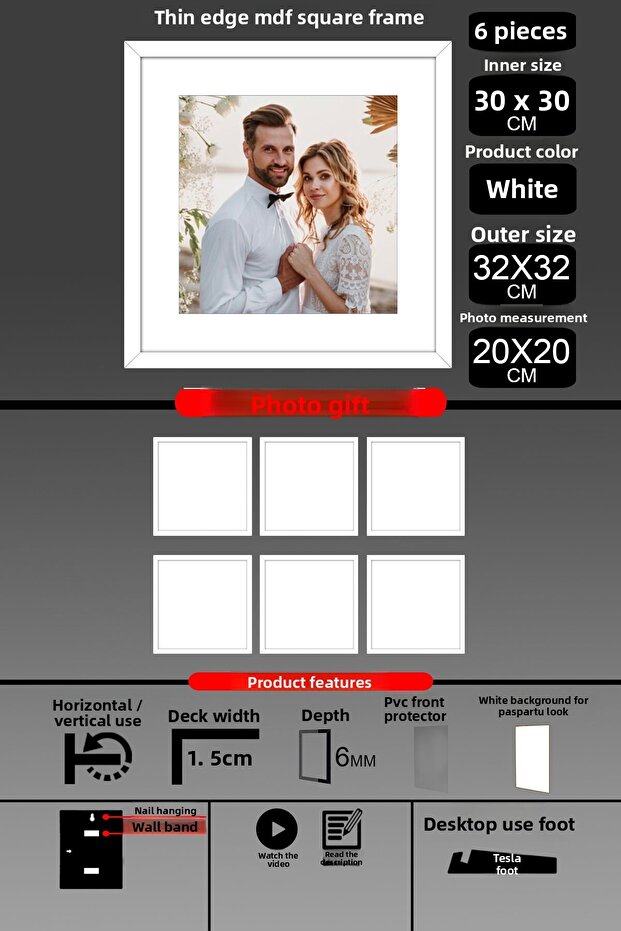 6 قطع إطار 30x30 - إطار شرائح رفيع - إطار أبيض - إطار مربع - إطار صور
