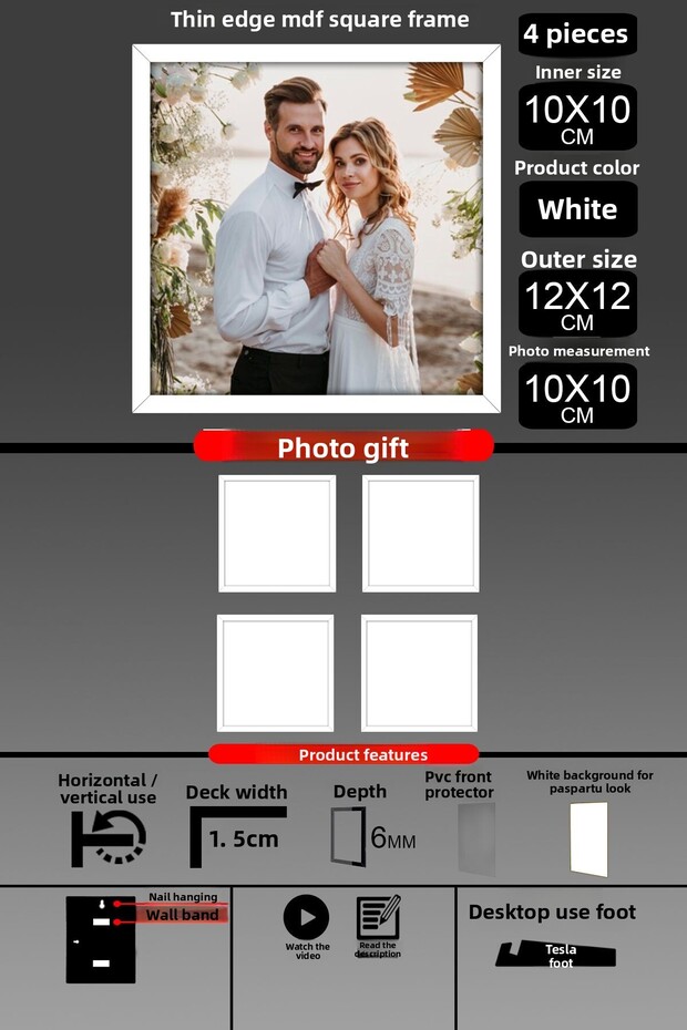 4 قطع إطار 10X10 - إطار شرائح رفيع - إطار أبيض - إطار مربع - إطار صورة