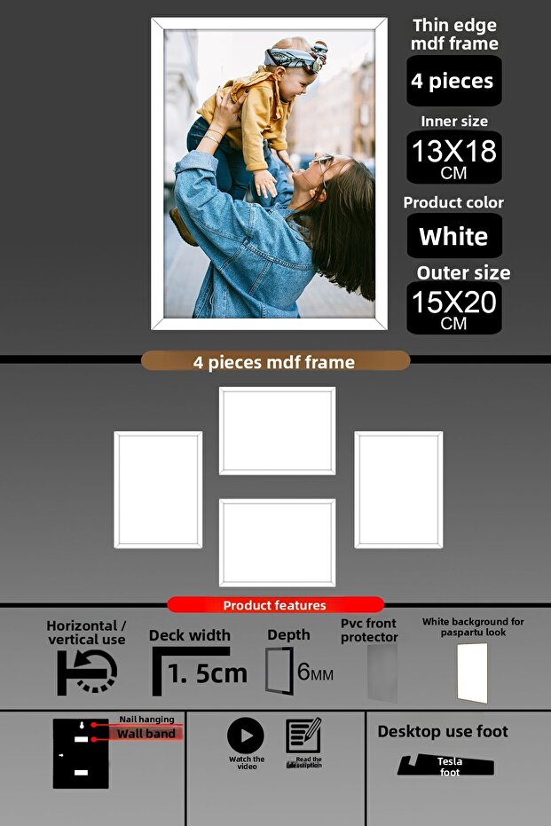 4 قطع إطار 13x18 - إطار شرائح رفيع - إطار أبيض - إطار 6 مم - إطار صورة
