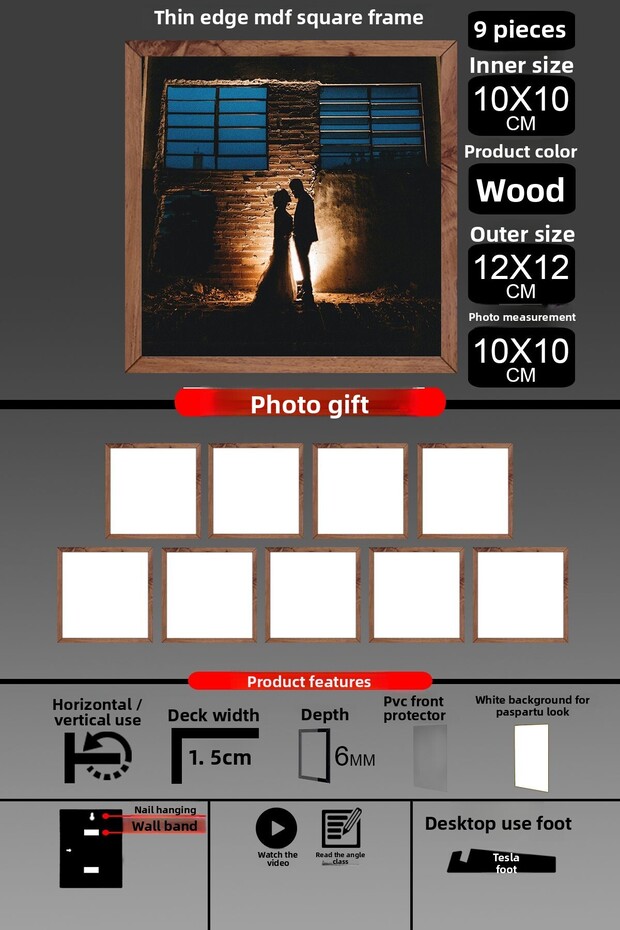 9 قطع إطار 10X10 - إطار شرائح رفيع - إطار خشبي - إطار مربع - إطار صورة