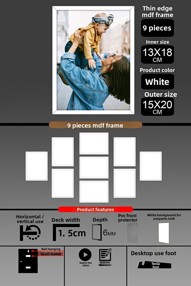9 قطع إطار 13x18 - إطار شرائح رفيع - إطار أبيض - إطار 6 مم - إطار صورة