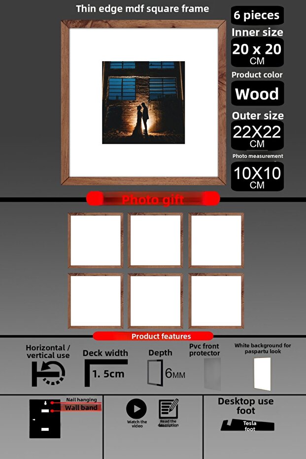 6 قطع إطار 20x20 - إطار شرائح رفيع - إطار خشبي - إطار مربع - إطار صور