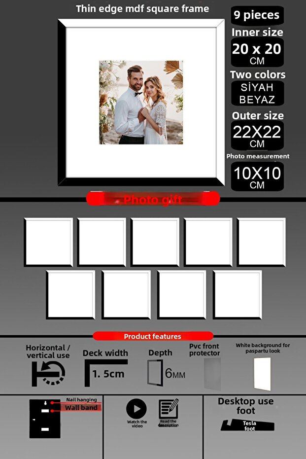 9 قطع بإطار 20 × 20 - إطار شرائح رفيع - لونان أسود وأبيض - إطار صور مربع