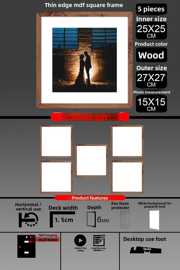 5 قطع إطار 25x25 - إطار شرائح رفيع - إطار خشبي - إطار مربع - إطار صور
