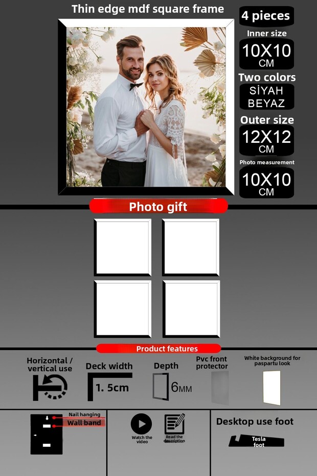 4 قطع إطار 10X10 - إطار شرائح رفيع - لونين أسود وأبيض - إطار صور مربع
