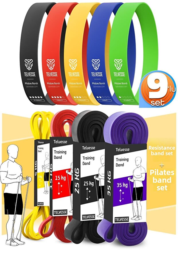 9Pcs Tera Set 5+15+25+35 kg + 5Pcs Pilates Resistance Band Pilates Rubber Loop Band Mix Tone