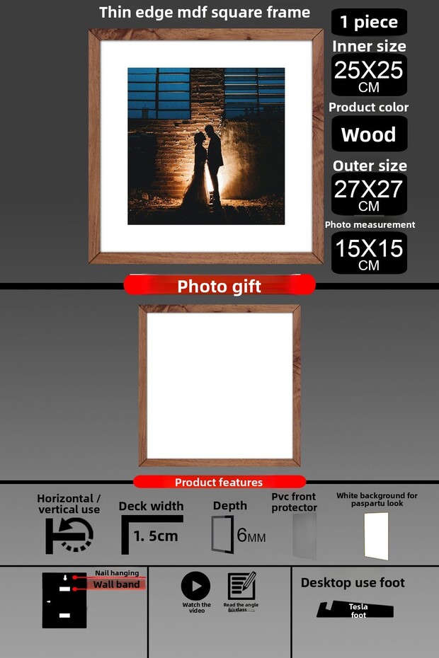1 قطعة إطار 25x25 - إطار شرائح رفيع - إطار خشبي - إطار مربع - إطار صورة